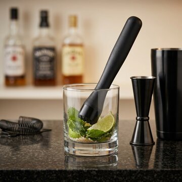 Bartender using stainless steel cocktail muddler to prepare fresh mojito