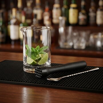 Bartender using stainless steel cocktail muddler to prepare fresh mojito