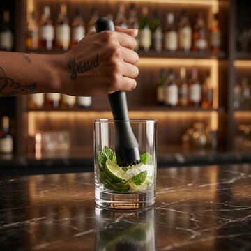 Bartender using stainless steel cocktail muddler to prepare fresh mojito
