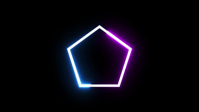 Glowing pentagon shape with blue and purple neon light effects on black background.