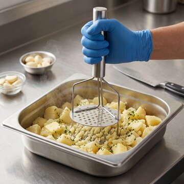 Stainless steel potato masher on marble kitchen countertop in commercial kitchen