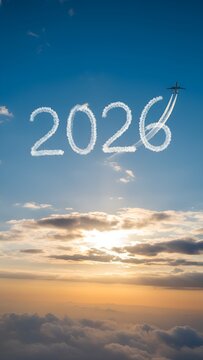 Skywriting in the clouds shows the year 2026 with an airplane flying against a blue sky at sunset