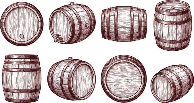 Wooden Barrel Hand Drawn Vector Engraving Style Icon Set for Wine, Beer, Whiskey Brewery, Distillery Branding, and Vintage Alcohol Product Packaging Designs