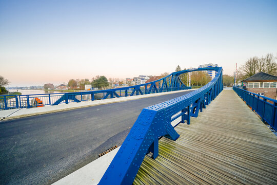 View of the blue dike bridge in Wilhelmshaven.

