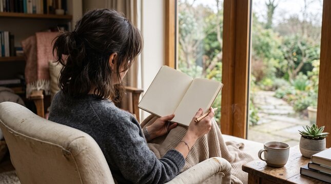 Young woman writing in blank journal sitting in armchair at home.