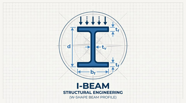 I-beam structural engineering illustration with blueprint grid, dimension callouts and blueprints, representing steel beam design and construction detailing.