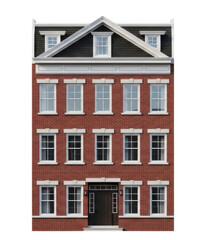 Obraz premium A red brick house with white trim and a black door