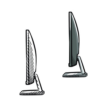 Computer Monitor Side View Sketch Illustration Vector