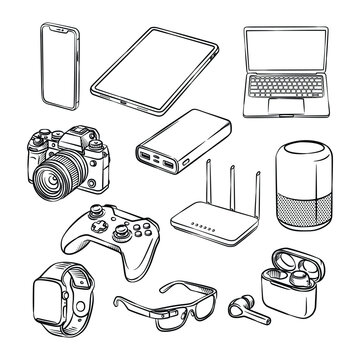Modern Smart Tech Gadget Ecosystem Sketch Line Art Vector Set