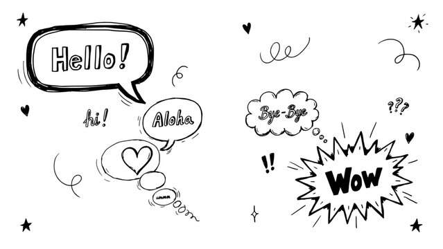Speech Bubbles with Words Like Hello, Aloha, and Wow in a Doodle Style Featuring Illustration, Text, Greeting with Farewell