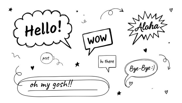 Speech Bubbles with Various Greetings and Exclamations in a Doodle Style Featuring Illustration, Hello, Wow with Aloha and Hi