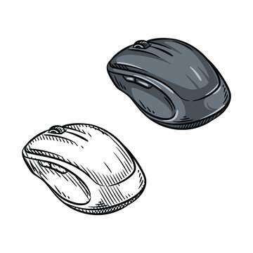 Ergonomic Wireless Computer Mouse Perspective Sketch Vector Illustration
