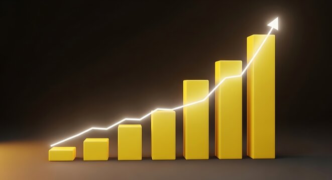 Yellow bar graph shows upward trend with white arrow on black background