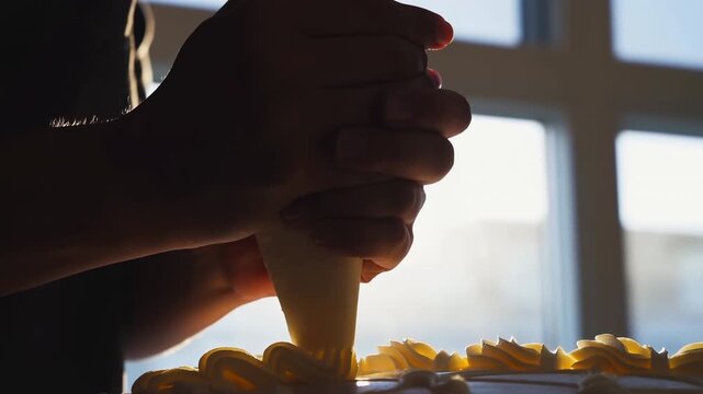 Hands piping buttercream rosettes onto cake rim in warm backlit kitchen close-up