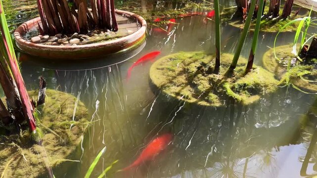 Koi fish swim in a clear pond. Water plants and stones surround decorative garden pool