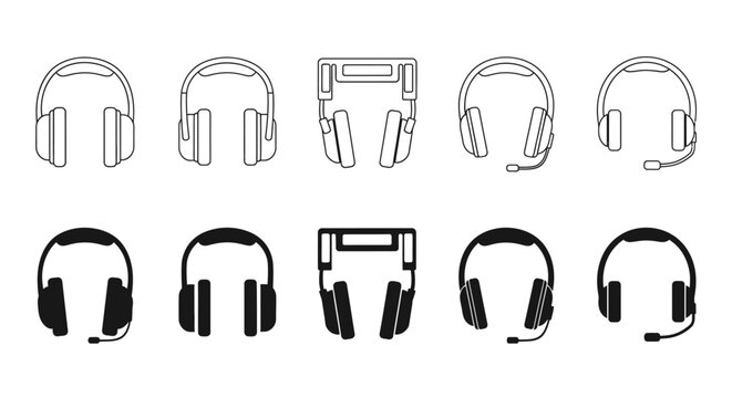Minimalist headphone icons set, 10 vector audio headset symbols, black and white line art gaming headphones, professional call center earphone collection