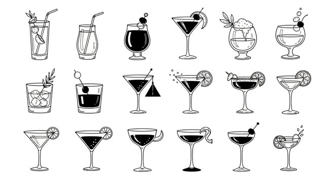 Minimalist cocktail icon set, hand drawn alcoholic drink illustrations, 18 black and white beverage vector elements for bar menus and signage