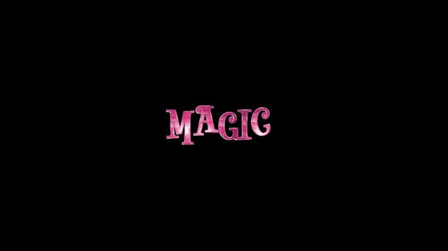 Magic word is displayed in a stylized pink shimmering font that stands out clearly against a dark black backdrop, perfect for themes involving wonder, fantasy, and creative storytelling elements.