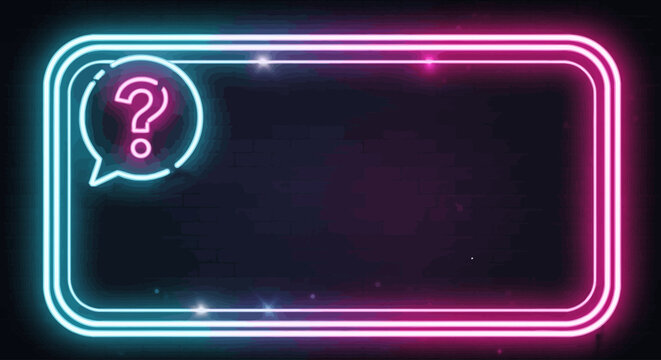 Neon question mark frame with glowing pink and blue light, futuristic quiz border for social media, vibrant electric speech bubble banner