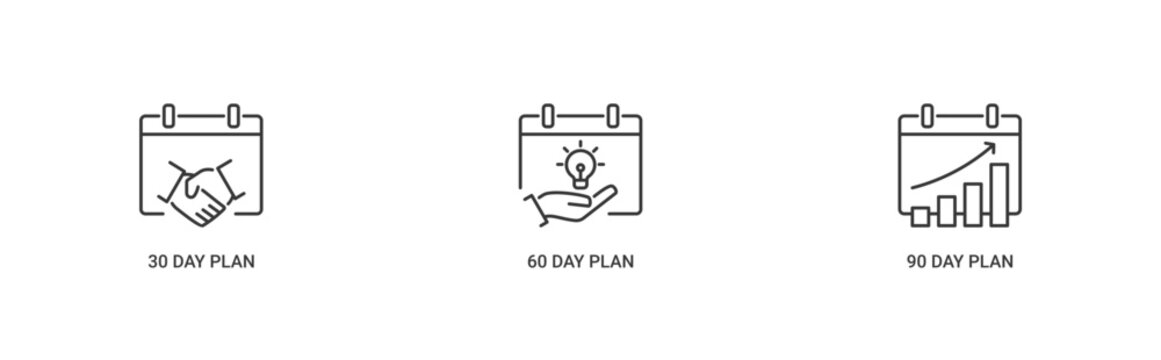 Onboarding Process icon set containing 30, 60 and 90 day plan vector concept illustration
