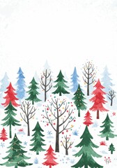 Obraz premium Winter forest landscape with christmas trees and snow with copy space. Watercolor illustration with cozy holiday scene among trees for card template, print, poster, book, banner, flyer. 