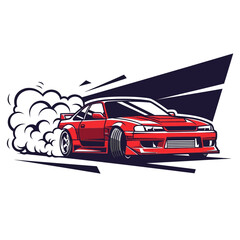 Naklejka premium Red sports car drifting, smoke exhaust