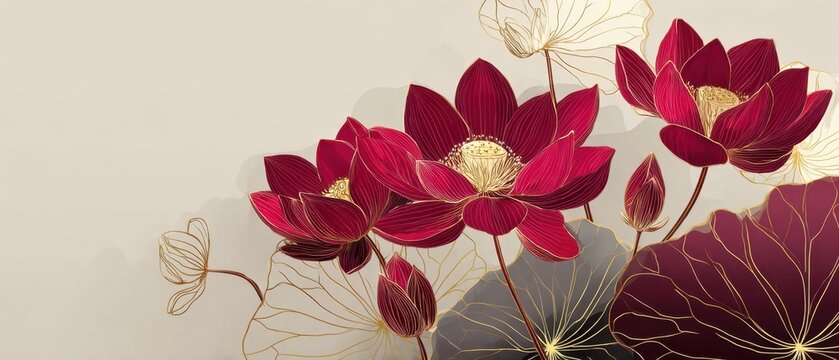 Red lotus flowers blooming against neutral beige background