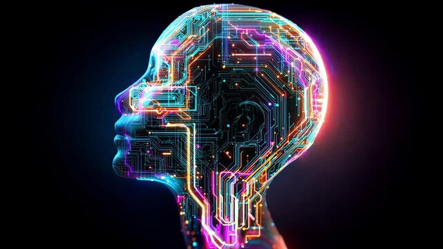 A digital representation shows a human head outlined with circuit patterns and vibrant colors against a dark background