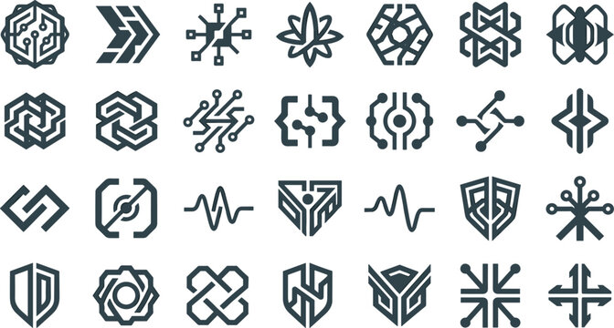 Abstract Minimalist Geometric Tech Logo Template Set with Circuit Nodes Shield Shapes Coding Brackets and Monogram Symbols for Cyber Security BrandingAbstract Minimalist Geometric Tech Logo Template S