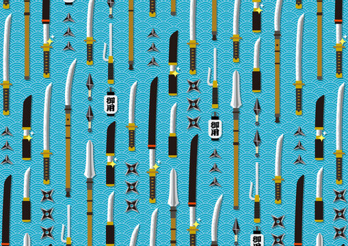 青海波と日本の武器の柄 浅葱色