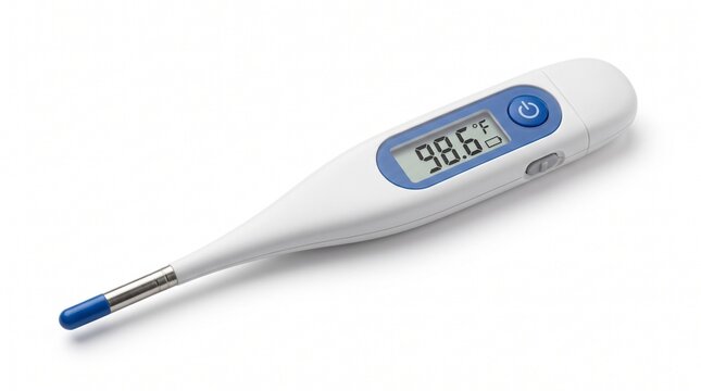 Digital Medical Thermometer with Pills Isolated on White Background for Fever Temperature Measurement and Healthcare Monitoring