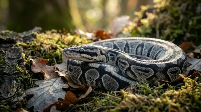 axanthic ball python close up in african savanna morning sunlight video