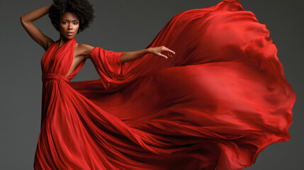 Woman wearing flowing red dress posing in studio against gray backdrop. Jazz Appreciation Month © Soba