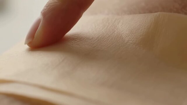 Extreme close fingertip pressing and sliding across bare skin with shallow indentation, narrow compression line, subtle lateral displacement, warm diffused light, soft focus, tactile human detail