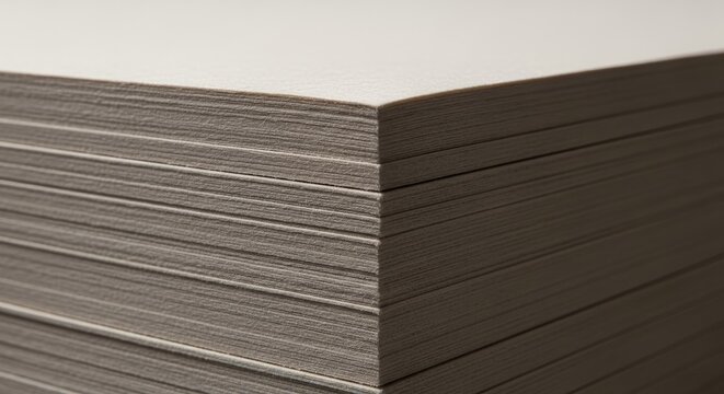 Thick stack of recycled grey cardboard paper sheets.