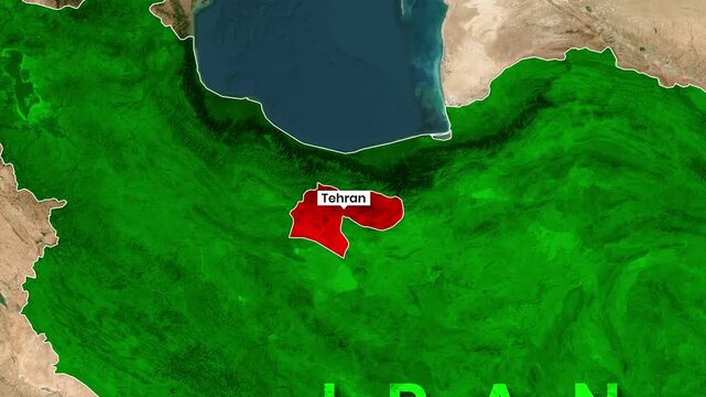 Highlighting the Tehran region on a satellite map animation showing the Iran motion clip