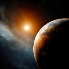Fototapeta premium Planet Sunrise in Deep Space – AI Generative