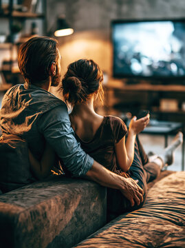 Cozy Couple Watching TV at Home &ndash; Generative AI