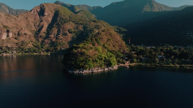 Aerial view of Lake Atitlan village and mountains