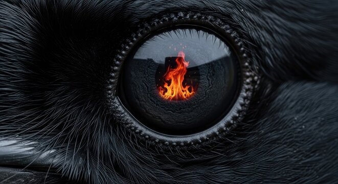 Close up of bird eye with a fire reflection for conceptual imagery