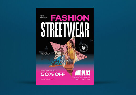 Blue and Pink Edgy Fashion Streetwear Flyer Layout