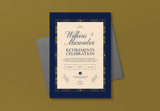 Blue Art Deco Retirement Invitation