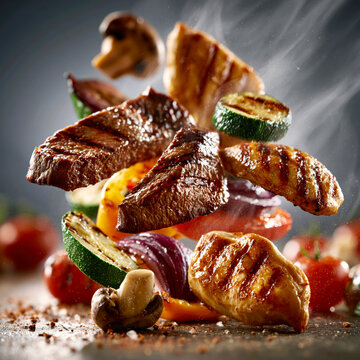 Floating Grilled Meat and Vegetables in Motion &ndash; AI Generative