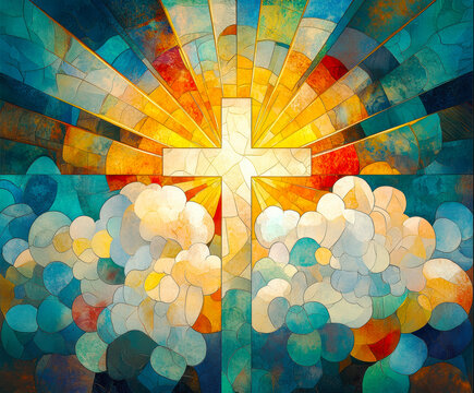 Cross in radiant light &ndash; Christian stained glass symbolizing faith, hope, and spirituality. AI generative.
