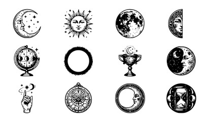 Vintage woodcut moon phases character vector set with classic engraved celestial crescent eclipse sun hourglass medieval astronomy and sweet retro mystical line art for apparel © GULSHAN