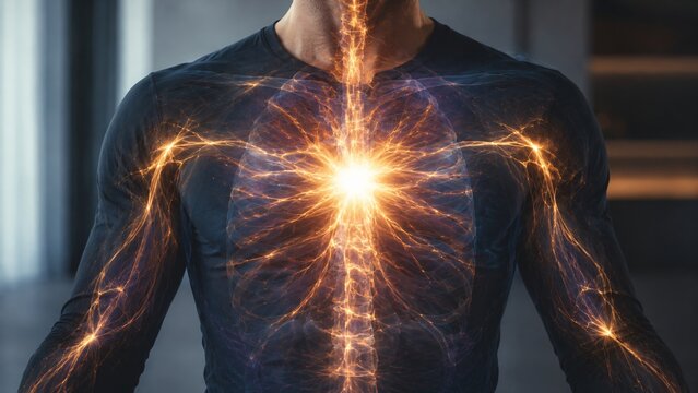 Man chest with glowing energy lines representing nervous system or meridian pathways. Human body anatomy concept with biofield and internal light. Science medical visualization of vitality.