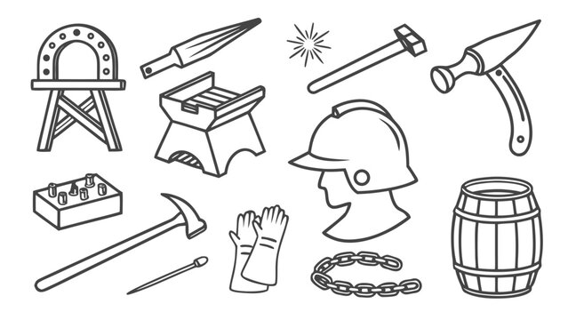 Blacksmith tools and equipment illustration with hard hat, blacksmith workshop