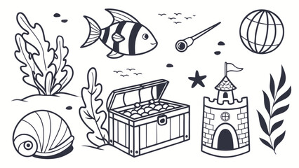 Illustration of treasure chest fish snail castle with seaweed, treasure hunt © Sara