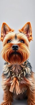 "Furry terrier face with erect ears and wagging tail", friendly, terrier