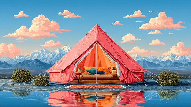 Glamping tent setup by water edge with mountain view glamping mountain landscape adventure
